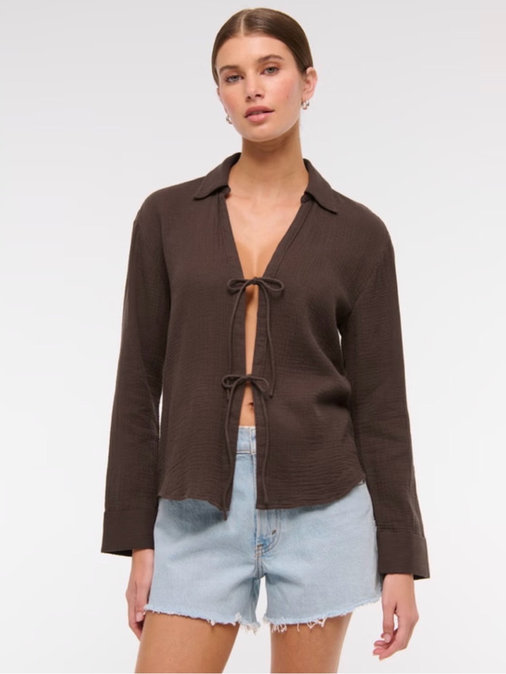 NWT Abercrombie Long Sleeve Oversized Tie Front Gauzy Shirt